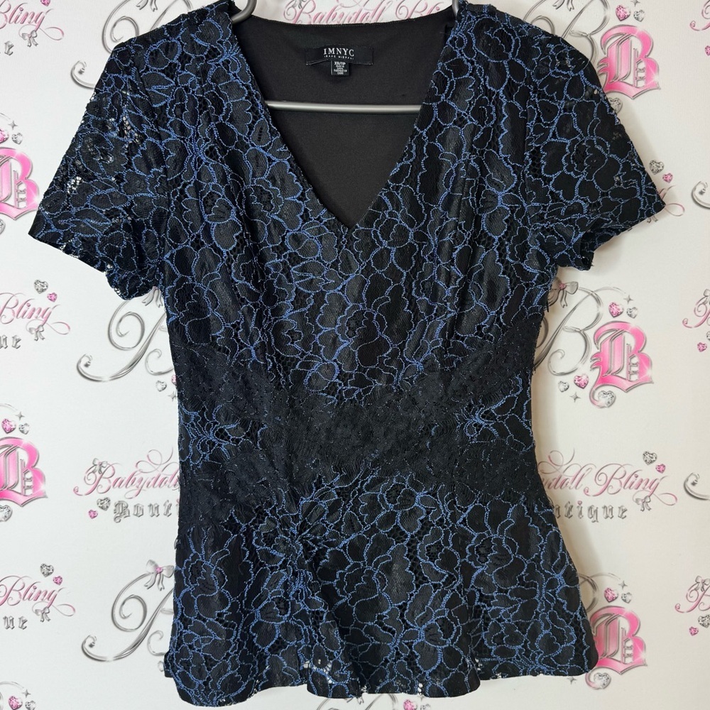 Isaac Mizrahi IMNYC tshirt blouse Lacie Women's Black and Blue Lace Blouse